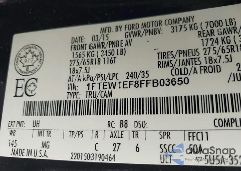 2015 Ford F-150 Xlt из США, поврежденный, VIN 1FTEW1EF8FFB03650